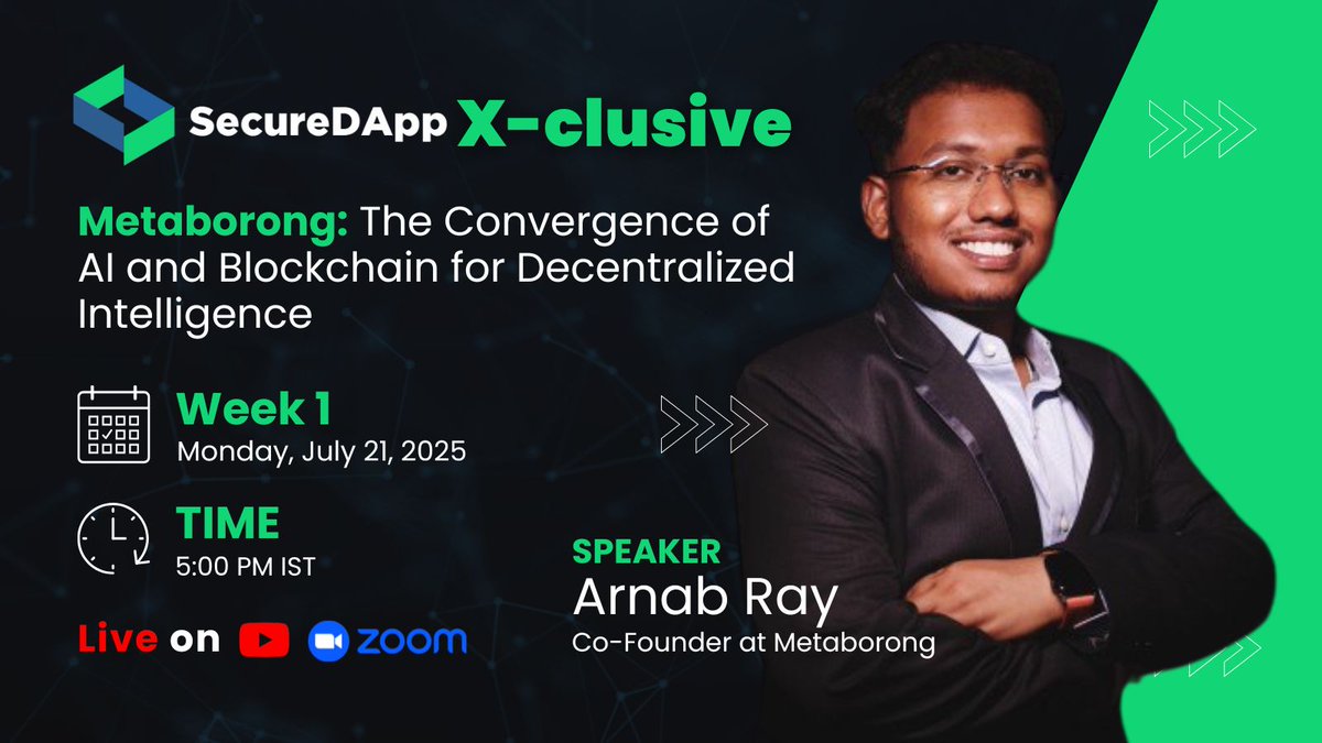 WEEK 1 KICK-OFF! 🚀

We are thrilled to host our Guest speaker, Arnab Ray { <a href="/Arnab_Alfa_Ray/">Alfa</a> }, Co-founder at <a href="/Metaborong/">Metaborong</a> , for the first session of 'SecureDApp’s X-clusive: Illuminating the Evolving Blockchain Landscape'.

In Episode 1: Metaborong : The Convergence of AI &amp;