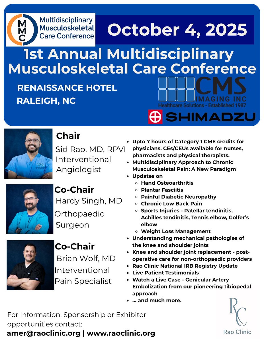 🗓️ Oct 4 | Raleigh, NC
Join us for the 1st ever Annual Multidisciplinary MSK Care Conference —
🦵 GAE live case
🧠 Expert updates
🎙️ Patient stories
🌱 Supporting future clinicians
Learn more 👉 raoclinic.org
#MSK #GAE #Collaboration #CME