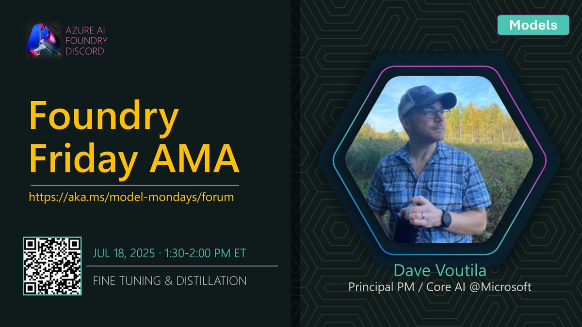 Join us today for Foundry Fridays! 

We will be answering your questions all about Fine Tuning and Distillation of LLM with Azure AI Foundry - Live in the Azure AI Discord Community 6.30pm UK/1.30PM ET #AzureAI #LLM #FineTuning 

Join the discussion at aka.ms/ai/discord