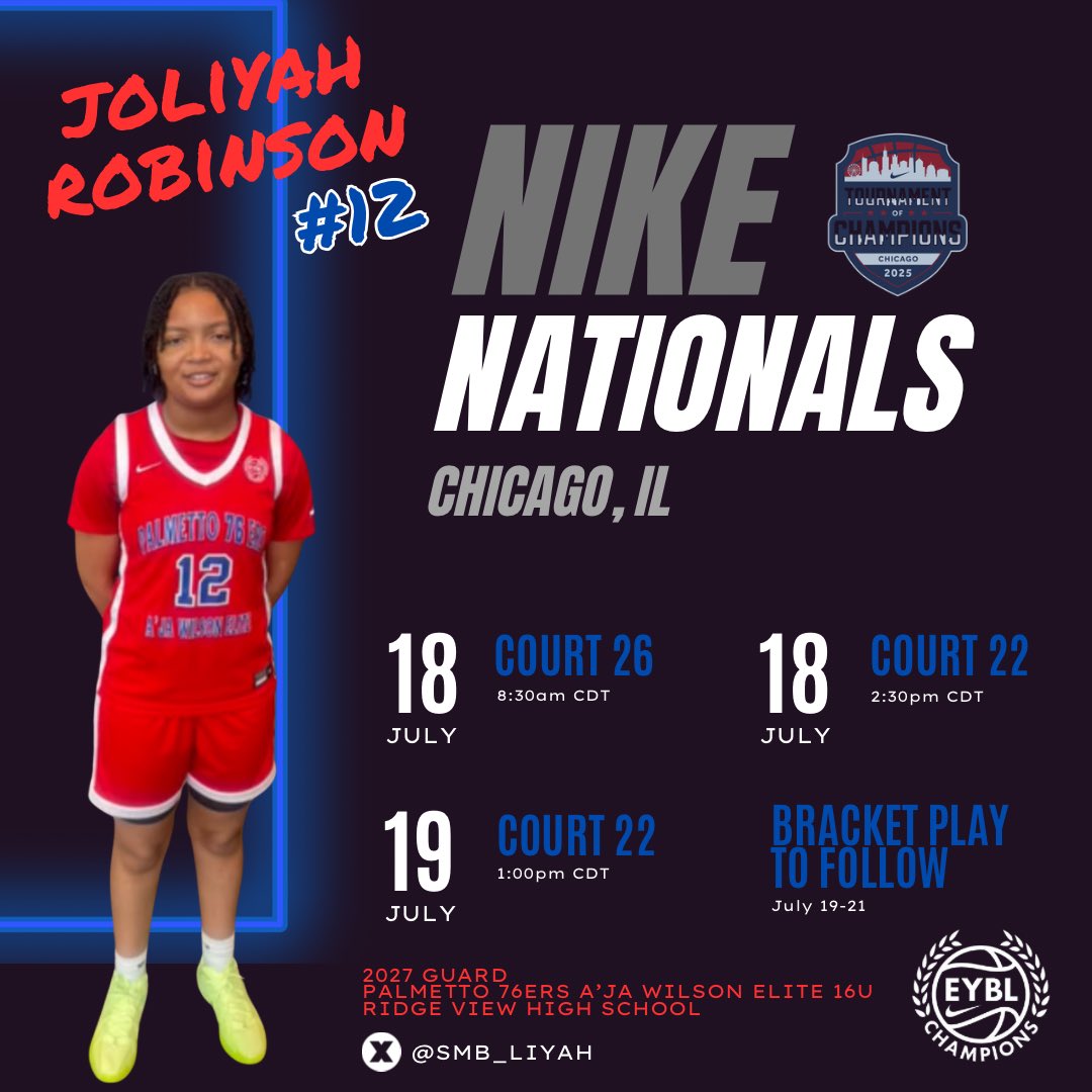 Joliyah Robinson (@smb_liyah) on Twitter photo Here is my schedule for the weekend at <a href="/NikeGirlsEYBL/">Nike Girls EYBL</a> x <a href="/nikegirlseycl/">Nike Girls EYBL Champions League</a> Nike Nationals in Chicago, IL.
Coaches check me out.
<a href="/palmetto76erawe/">Palmetto 76ers/Aja Wilson Elite</a>
<a href="/CoachMajor_SC/">Coach Major</a>
<a href="/DJT11030/">Dominque Thompson, CAA, MS</a> <a href="/A5Lucas/">AA Lucas, M.Ed,GCDF๐จ๐ฎ๐ฌ๐ญ๐บ๐ฒ๐ซ๐ท</a> Here is my schedule for the weekend at <a href="/NikeGirlsEYBL/">Nike Girls EYBL</a> x <a href="/nikegirlseycl/">Nike Girls EYBL Champions League</a> Nike Nationals in Chicago, IL.
Coaches check me out.
<a href="/palmetto76erawe/">Palmetto 76ers/Aja Wilson Elite</a>
<a href="/CoachMajor_SC/">Coach Major</a>
<a href="/DJT11030/">Dominque Thompson, CAA, MS</a> <a href="/A5Lucas/">AA Lucas, M.Ed,GCDF๐จ๐ฎ๐ฌ๐ญ๐บ๐ฒ๐ซ๐ท</a>