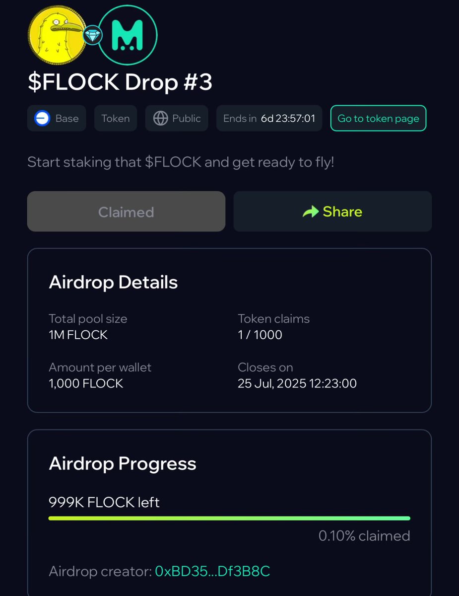 Gully_Flock's tweet image. Here we go!!!!
$Flock drop #3 is LIVE! On @MintClubPro 🚀🚀🚀
mint.club/airdrops/base/…
#GetGully #FlockUp #Base