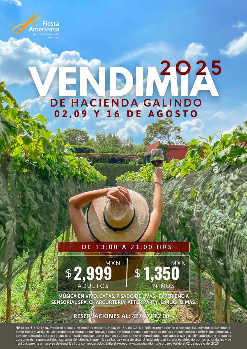 asomarte's tweet image. La histórica y exclusiva Fiesta Americana Hacienda Galindo Resort & Spa abre dos fechas más en agosto para celebrar las cosechas de su viñedo.
📆 2, 9 y 16 de agosto
Reserva ya tu lugar al 427 271 8200