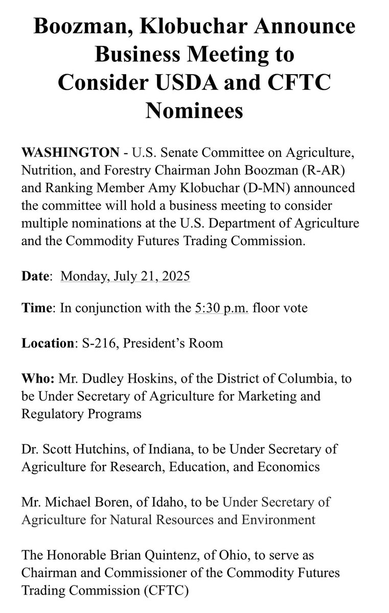 EleanorTerrett's tweet image. 🚨NEW: The @SenateAg Committee is set to vote Monday on advancing @BrianQuintenz’s nomination for CFTC Chair, following his confirmation hearing last month.