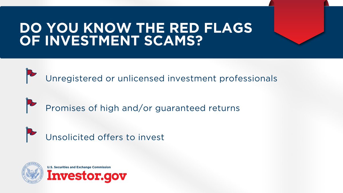 SECGov's tweet image. Do you know about the 🚩 red flags 🚩 of investment fraud?
Protect yourself with the Investor.gov Red Flags of Investment Fraud Checklist:
investor.gov/protect-your-i…