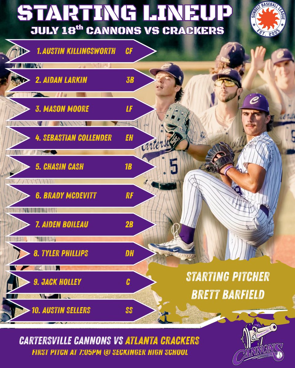 Cartersvil62046's tweet image. The Cannons start the final series of the summer tonight at 7:05pm against the Atlanta Crackers. Here is the starting lineup for game 1 of the away series! @SunbeltBaseball