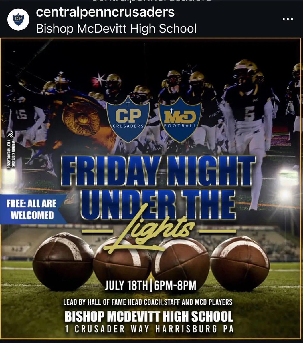 🔵🟡  TONIGHT!  🔵🟡
Friday Night Under The Lights
✝️⚔️ Youth Football Camp ✝️⚔️
Rocco Ortenzio Stadium