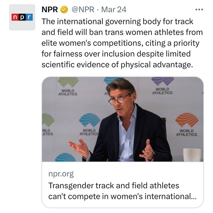 Lancegooden's tweet image. NPR thinks transgender athletes do not have a physical advantage over women in sports.
Anyone with a brain knows that this is nonsense.
Our tax dollars will no longer fund this insanity.