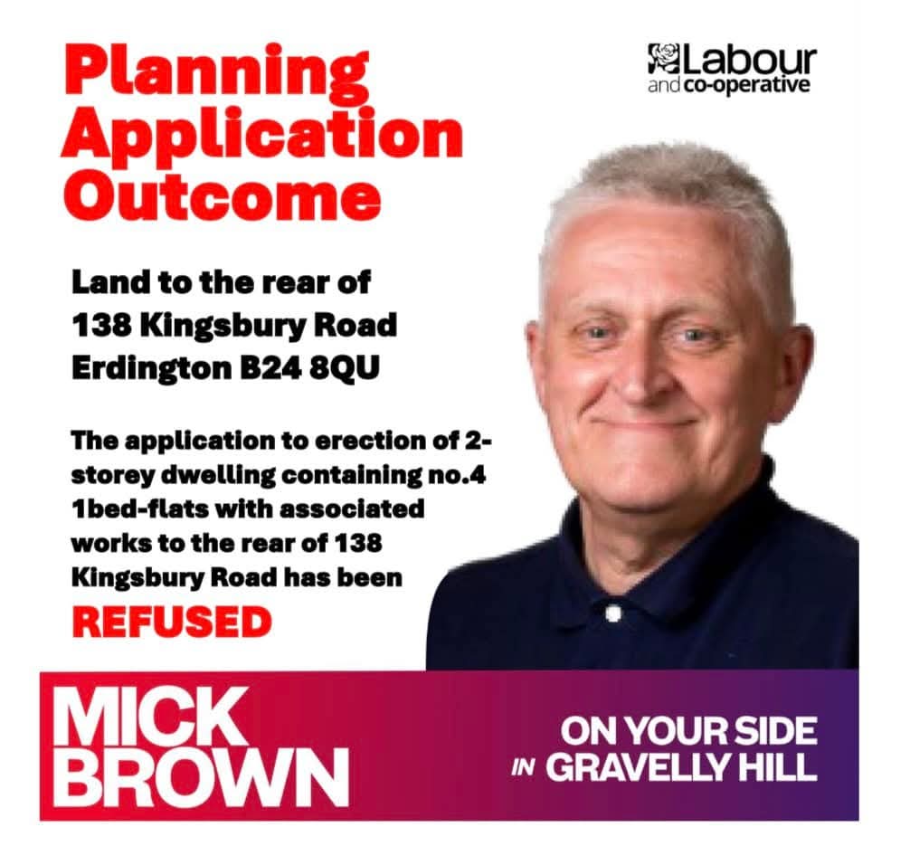 MickBrown3's tweet image. Good news for Gravelly Hill residents that this application to built additional flats has with the engagement of local community been rejected.  #CommunityVoicesMatter