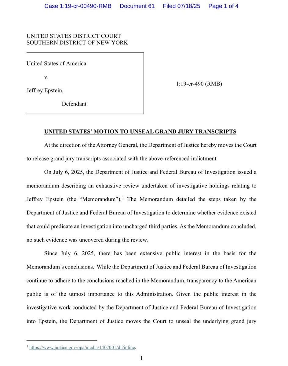 JayneZirkle's tweet image. BOOM: Pam Bondi Submits DOJ Motion to Unseal Jeffrey Epstein Grand Jury Transcripts