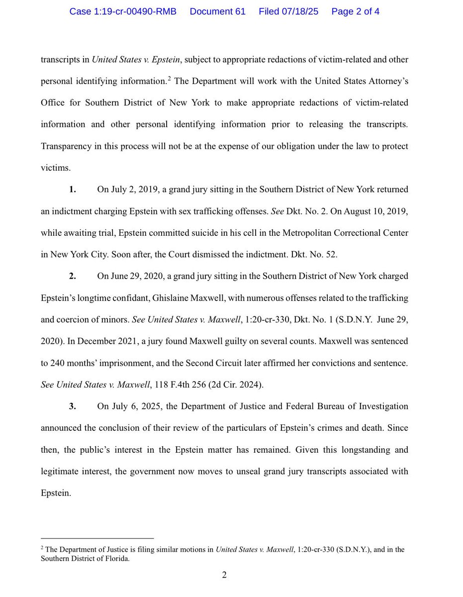 JayneZirkle's tweet image. BOOM: Pam Bondi Submits DOJ Motion to Unseal Jeffrey Epstein Grand Jury Transcripts