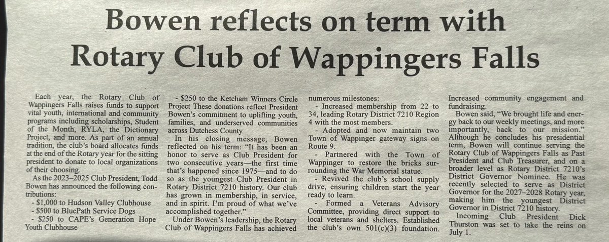 Feeling incredibly grateful and honored to have been featured in the Southern Dutchess News (July 2nd edition), reflecting on my term as President of the Rotary Club of Wappingers Falls.