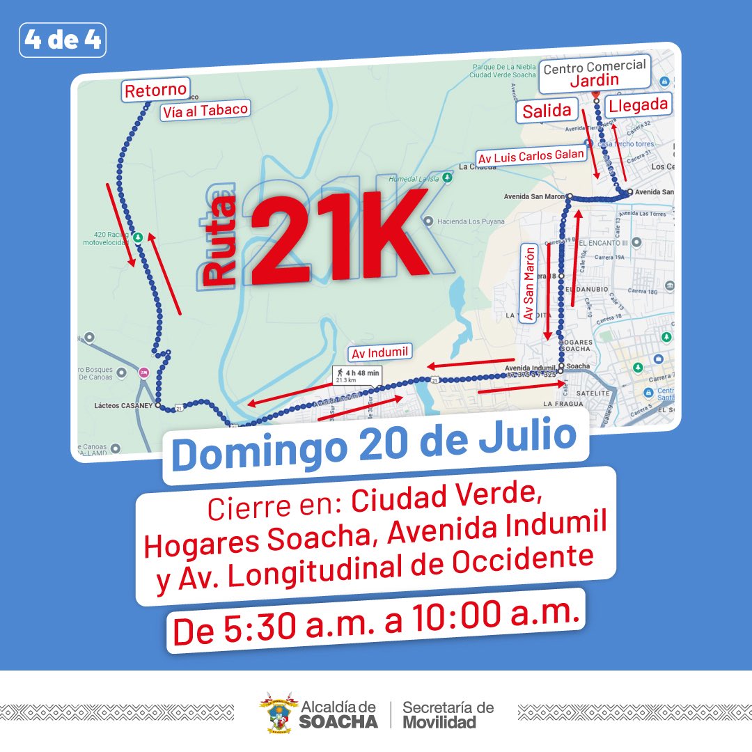 🚧 Cierres viales en Soacha por la Carrera Atlética 2025 🏃‍♀️🇨🇴

Este 19 y 20 de julio, la ciudad vive la Carrera Atlética de Soacha – Ruta de la Independencia, un evento que promueve el deporte y la paz.

Ten en cuenta los cierres temporales de vías durante estos dos días.
