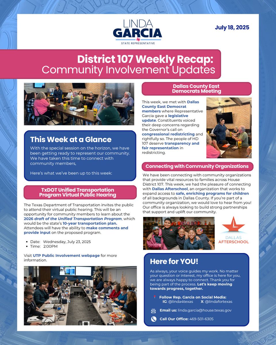 lindafortexas's tweet image. This week, we continued to connect with our community organizations and have an important public hearing opportunity to share from TxDOT.
Esta semana, hemos seguido conectando con organizaciones y tenemos una oportunidad importante de participar en una audiencia pública de TxDOT