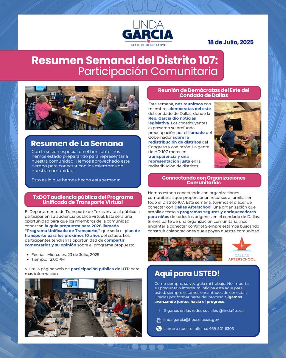 lindafortexas's tweet image. This week, we continued to connect with our community organizations and have an important public hearing opportunity to share from TxDOT.
Esta semana, hemos seguido conectando con organizaciones y tenemos una oportunidad importante de participar en una audiencia pública de TxDOT
