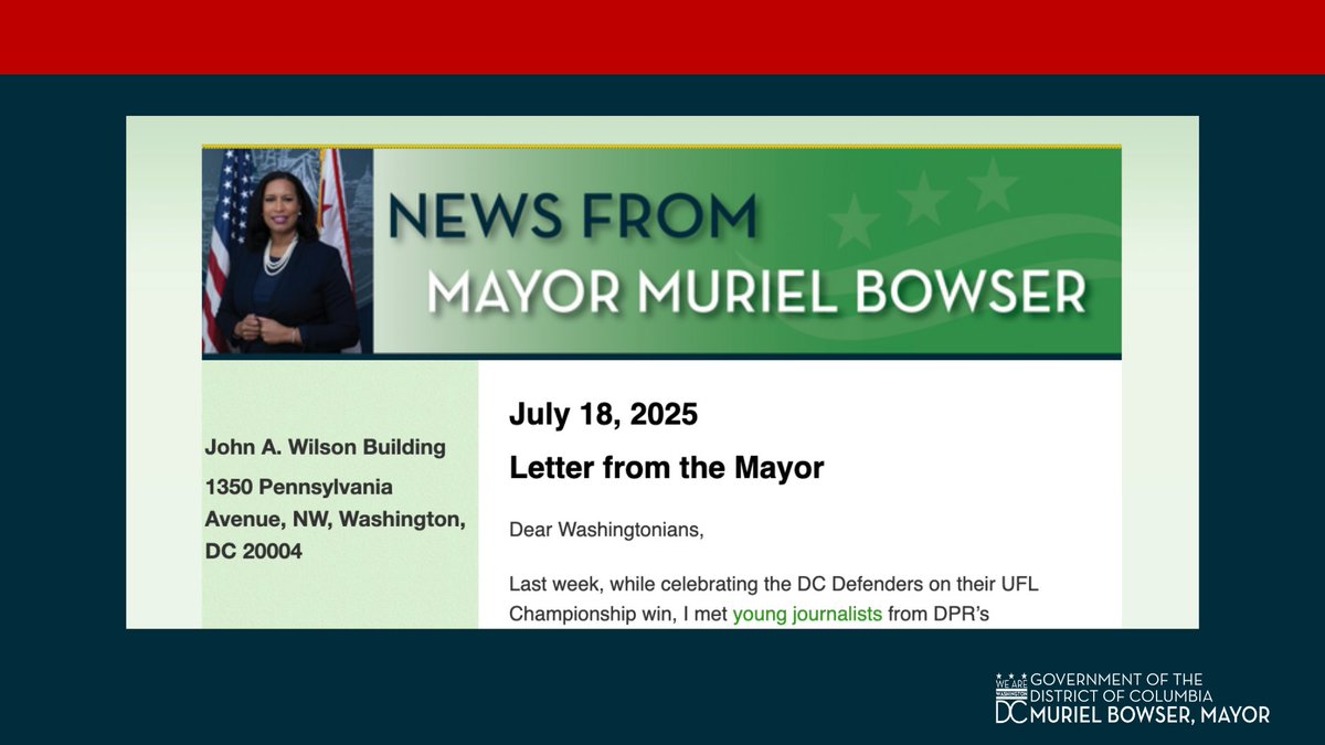 MayorBowser's tweet image. Happening in the District:
🎾A week in the Sports Capital
🍝Black Restaurant Week is in full swing
💰Office of Neighborhood Safety and Engagement mini-grant opportunity
🎶#BeDowntown: Blues Alley Night at Anthem Row
➡️tinyurl.com/July18Newslett…