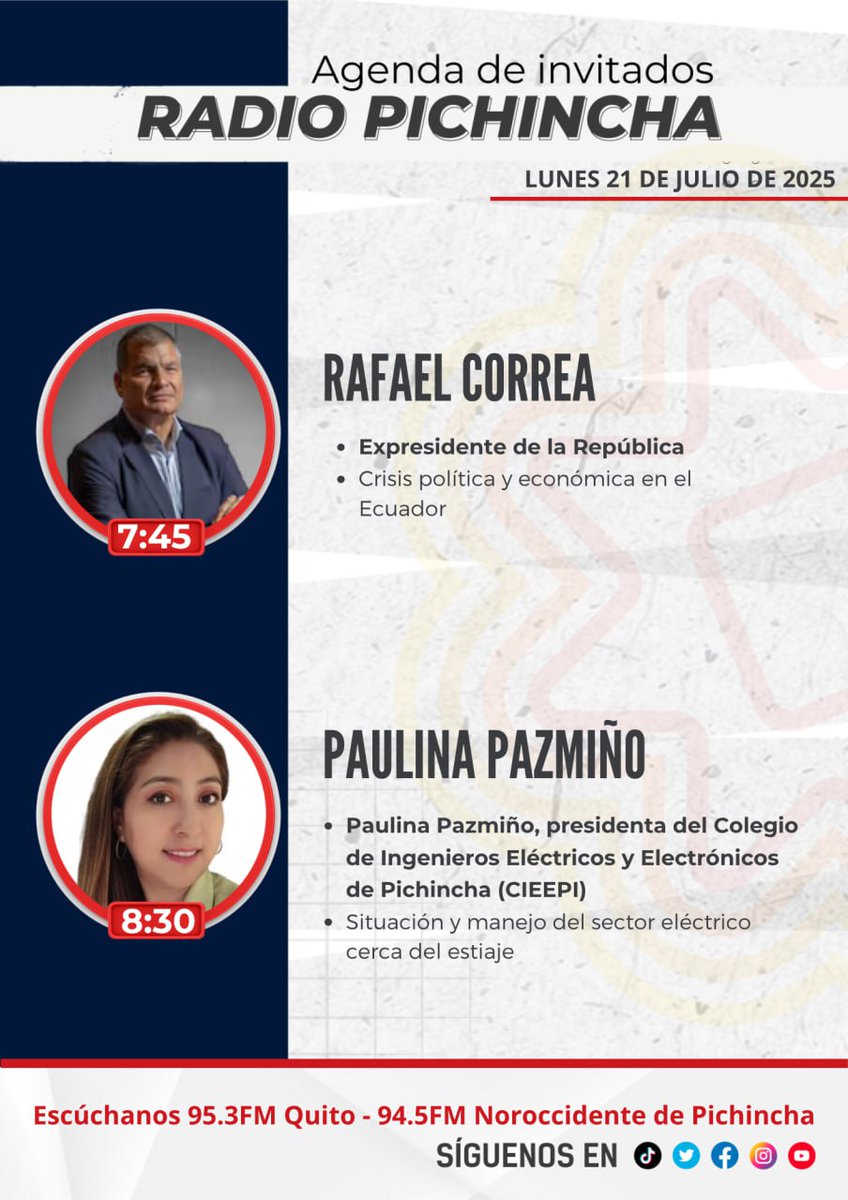 📌 #Agéndalo || Este lunes 21 de julio te invitamos a seguir las entrevistas de 🎙#PuntoNoticias 1era emisión:
🗣07:45 - <a href="/MashiRafael/">Rafael Correa</a>
🗣08:30 - Paulina Pazmiño
Te esperamos por la 📻 95.3FM y 📲💻 transmisión en vivo por redes sociales.