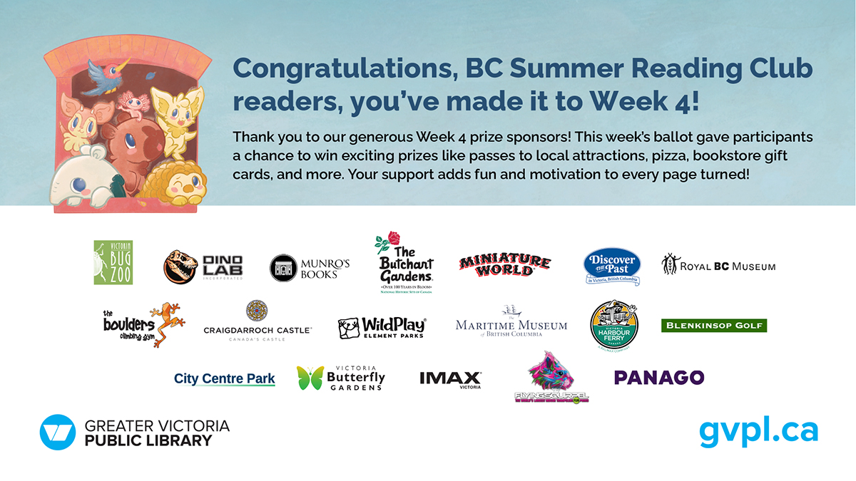 Thank you to our generous Week 4 prize sponsors. From bookstore gift cards to pizza to passes for local attractions, your contributions add fun and motivation to every page turned. 

We're so grateful for your support!
