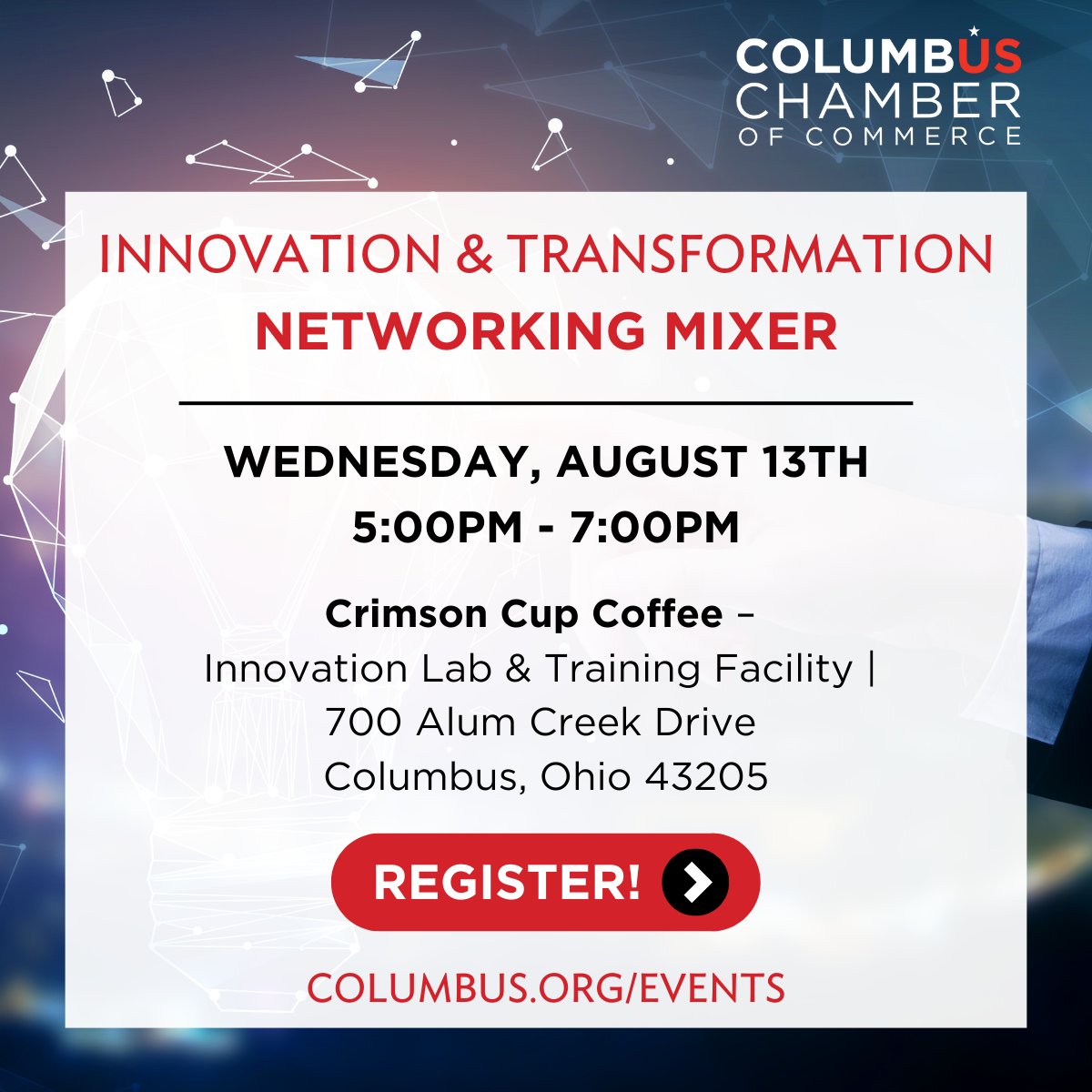 Connect. Innovate. Transform.

Join us for the Innovation &amp; Transformation Networking Mixer—where bold ideas meet industry leaders and future-shapers. Don’t miss this evening of inspiration + connection!

Register: columbus.org/events/innovat…

#ColumbusChamber