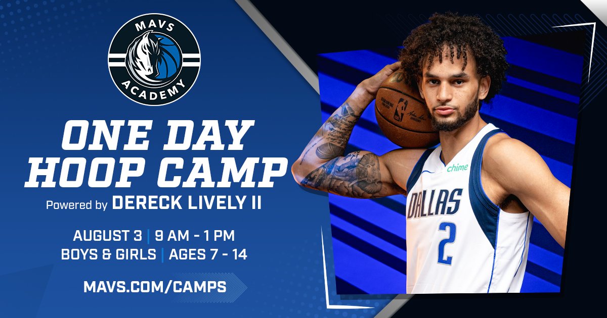 MavsOffCourt's tweet image. One day. Big opportunity. Hoop with Dereck Lively II 🏀🔥
Register now before spots fills up: mavs.com/camps 🔗
@DereckLively // #MFFL