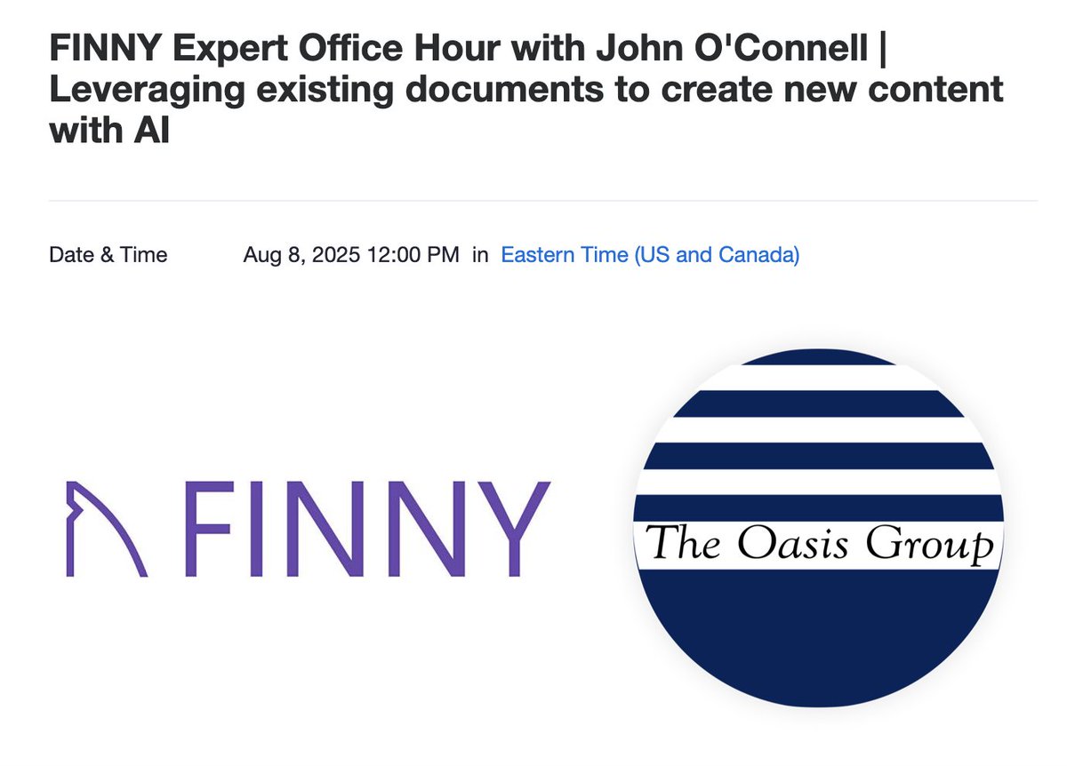 Register for our upcoming webinar with <a href="/FINNYAI/">FINNY AI</a>, taking place August 8 at 12pm ET, where John O'Connell will participate in FINNY's Expert Office Hour series to discuss how #financialadvisors can leverage existing documents to create new content with #AI: us06web.zoom.us/meeting/regist…