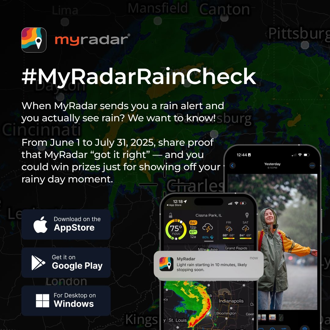 MyRadarWX's tweet image. 💧 Got rain? Got proof? You could win. 💧
From June 1 to July 31 — when MyRadar sends a rain alert and the skies open up ☔ — show us!
📸 Post a screenshot of your alert + a photo of the rain using #MyRadarRainCheck
🏆 Weekly prizes + a chance to win a new iPhone or Pixel at…