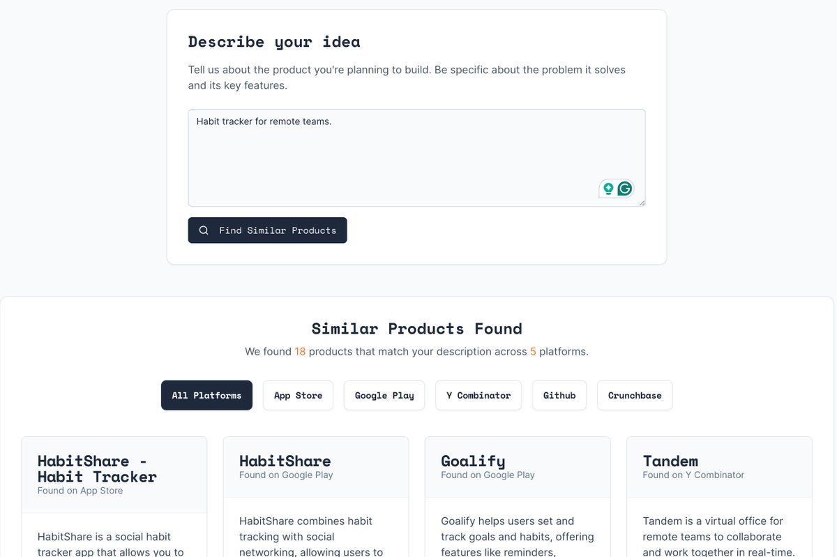 b_rishabh's tweet image. 💡 Think your idea is unique?

🤖I built Prexist to instantly check if your startup idea already exists, across 8 platforms like Product Hunt, YC, GitHub, App Stores &amp;amp; more.

Validate your idea in minutes, not weeks!

👇 Link in first reply

#buildinpublic #startups #indiehackers