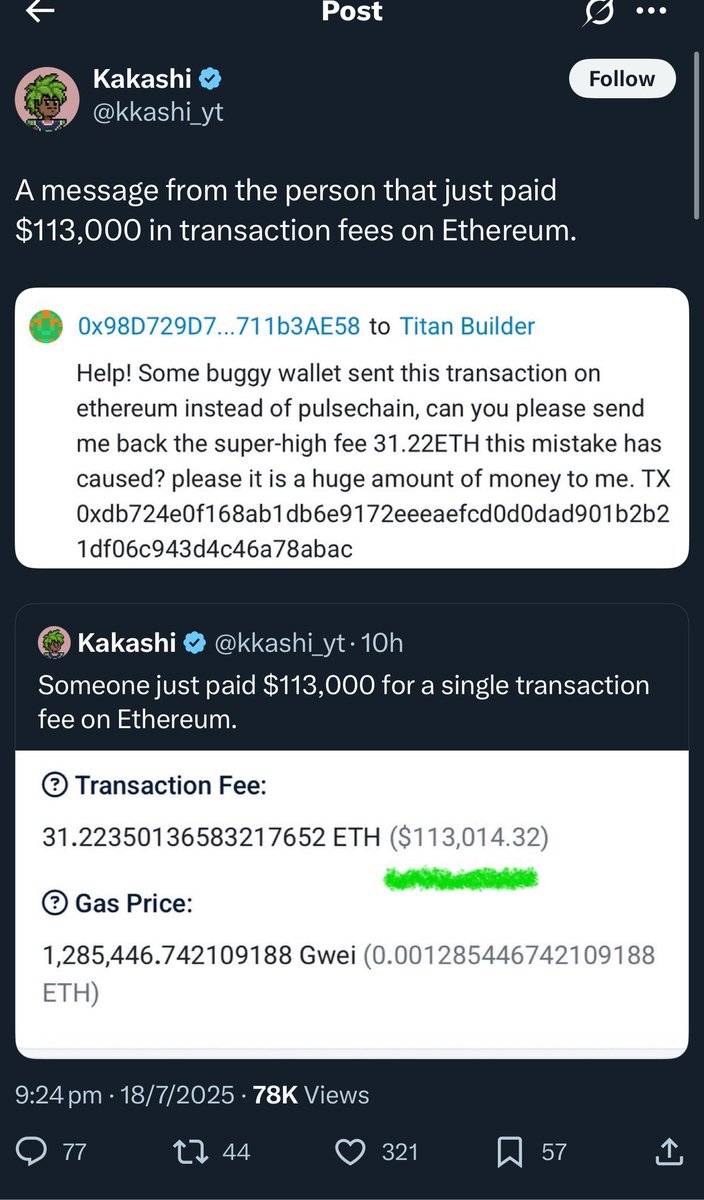 ❤️💛💚💙

Epic PulseChain Marketing:

Someone accidentally paid 31 ETH for a transaction ($113,000).

Then they sent a message asking for it back to the validator, citing PulseChain.

🌞 Hopefully this goes a bit viral.

It’s working so far.