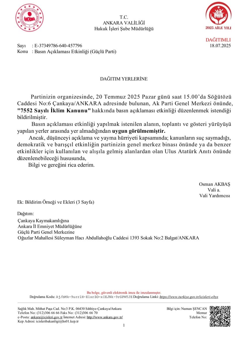 Büyük Türk Milleti,

20 Temmuz Pazar günü saat 15:00’te Ak Parti Genel Merkezî önünde gerçekleştirmeyi planladığımız, "İklim Kanunu'nun iptal edilmesi" talebiyle düzenleyeceğimiz ve birçok sivil toplum kuruluşunun da destek vereceği basın açıklamamız, Ankara Valiliği’nin