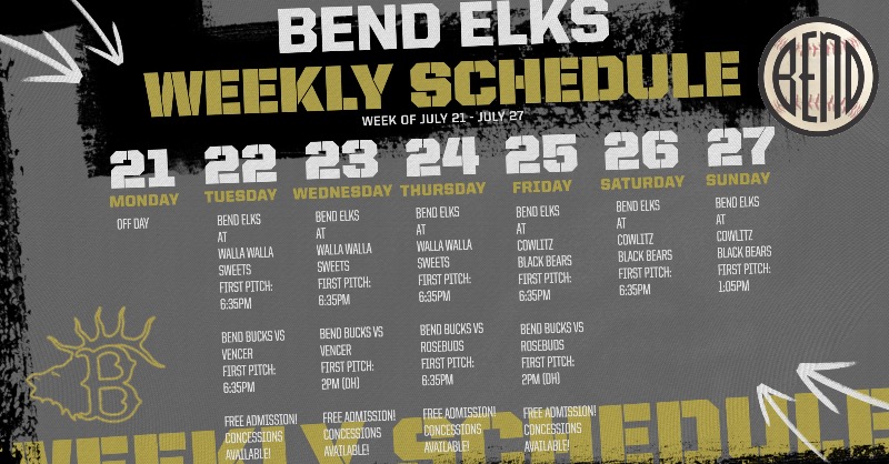 BendBaseball's tweet image. The #BendElks hit the road for a 7 game road trip taking on the Walla Walla Sweets, Cowlitz Black Bears, and Portland Pickles. Come out to Vince Genna Stadium this week as the Bend Bucks take on Vencer and the Rosebuds! Free admission and concessions available! 🦌⚾ #inBend