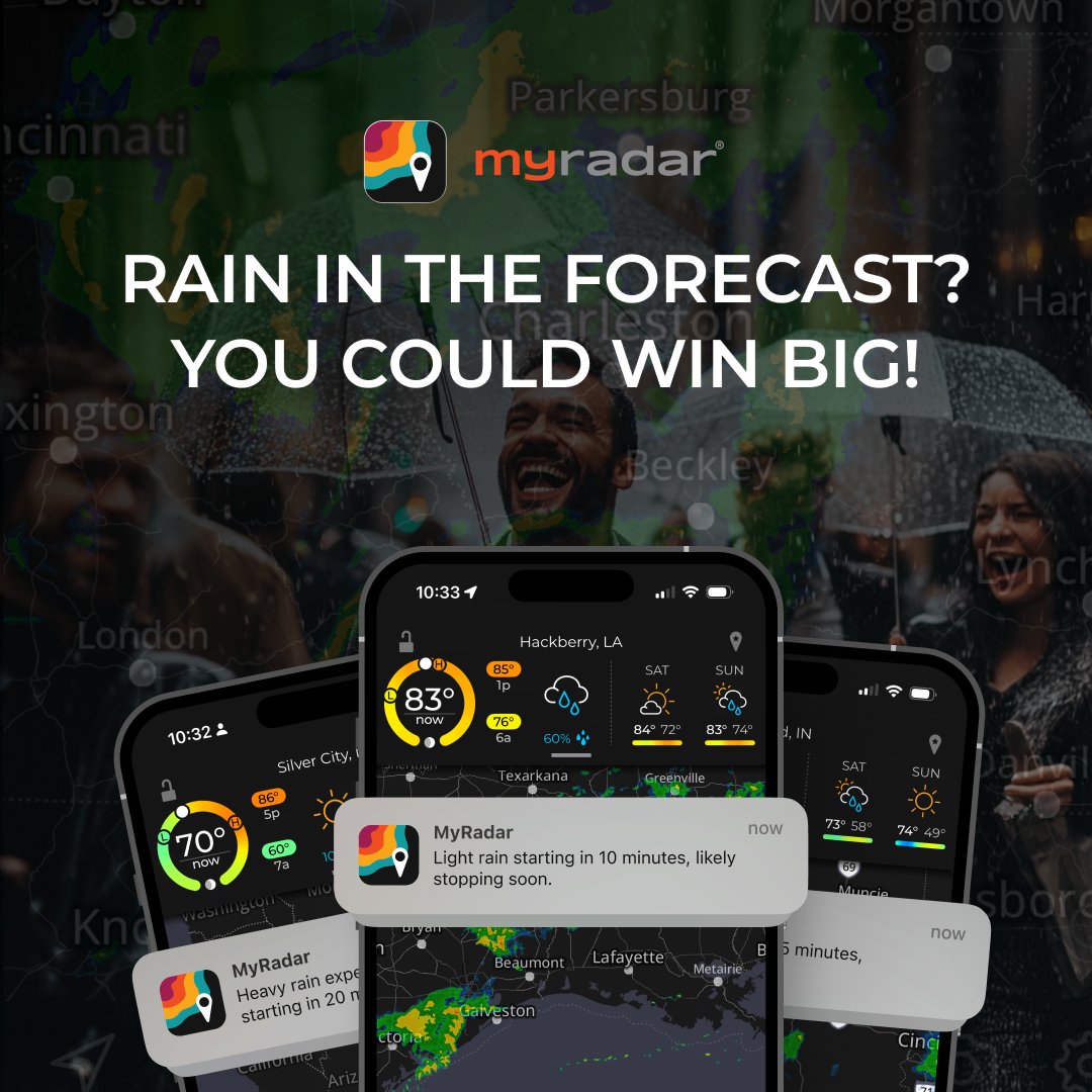 MyRadarWX's tweet image. 💧 Got rain? Got proof? You could win. 💧
From June 1 to July 31 — when MyRadar sends a rain alert and the skies open up ☔ — show us!
📸 Post a screenshot of your alert + a photo of the rain using #MyRadarRainCheck
🏆 Weekly prizes + a chance to win a new iPhone or Pixel at…