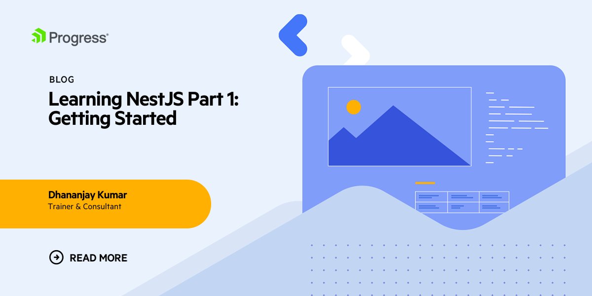 Progress Kendo UI (@kendoui) on Twitter photo Ready to dive into #NestJS? 🚀
Part 1 of <a href="/debug_mode/">Dhananjay Kumar</a>'s series is your perfect entry point!
Get started on your first app, add controllers, models & services, & even tackle your first POST operation: prgress.co/3TIqjMw Ready to dive into #NestJS? 🚀
Part 1 of <a href="/debug_mode/">Dhananjay Kumar</a>'s series is your perfect entry point!
Get started on your first app, add controllers, models & services, & even tackle your first POST operation: prgress.co/3TIqjMw