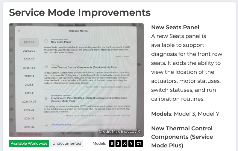 NotATeslaApp's tweet image. We've noticed three undocumented features in Tesla update 2025.26, including new text that says why music is paused, service mode improvements, and Sentry Mode improvements.
Full release notes:
notateslaapp.com/software-updat…
