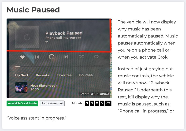 NotATeslaApp's tweet image. We've noticed three undocumented features in Tesla update 2025.26, including new text that says why music is paused, service mode improvements, and Sentry Mode improvements.
Full release notes:
notateslaapp.com/software-updat…