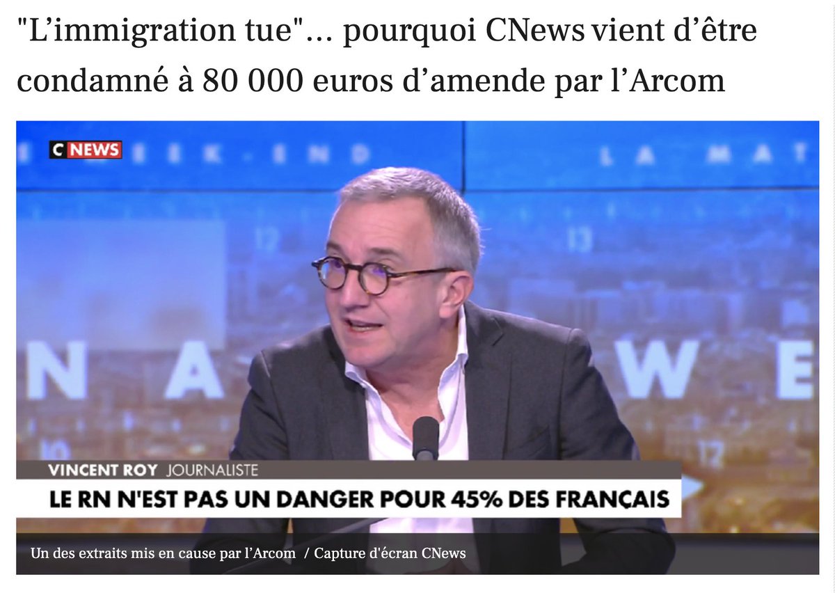 <a href="/DuvalMarion6/">Duval Marion</a> <a href="/Arcom_fr/">Arcom</a> <a href="/SOS_Racisme/">SOS Racisme</a> <a href="/Le_CRIF/">CRIF</a> CNews a déjà été condamnée à 80 000 € d’amende par l’Arcom à cause de ce type. Apparemment, s’ils le réinvitent, c’est que l’amende n’était pas assez sévère… 😉  ladepeche.fr/2024/07/10/lim…