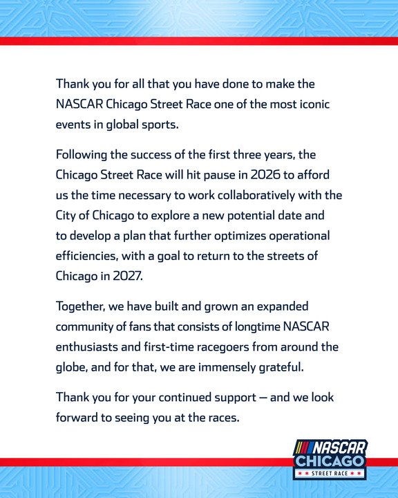 A_S12's tweet image. .@NASCARChicago says it will not be on the 2026 NASCAR schedule.