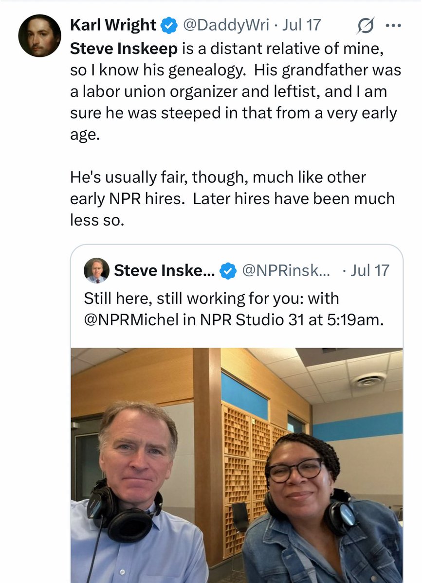 NPRinskeep's tweet image. Well! I don’t know this “relative,” but here’s my real genealogy:
Indiana farmers, schoolteachers, high school coaches and the occasional pastor, more Republican than not.
From a “very early age” I was “steeped in” the value of education, working hard, and laughing harder.