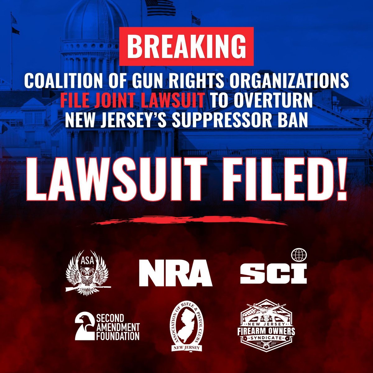 SCI is TAKING ACTION. 🚨

Safari Club International and partners have filed suit against the State of New Jersey for its ban on the possession of suppressors.

Due to their hearing protection benefits, suppressors are one of the fastest-growing firearm components. However, the