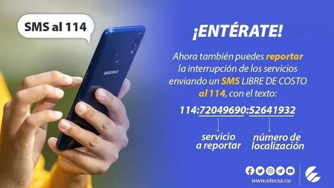 SSDTLTDirec's tweet photo. 📲 ¿Interrupciones en tu servicio telefónico fijo?
Ahora puedes reportarlo por SMS al 114,sin costo.
Escribe en el mensaje: 114:https://t.co/KzwDY54qFRéfonoAfectado:https://t.co/bp05REEYQG Localización
#ETECSAConCuba https://t.co/ry6IXfAgzi