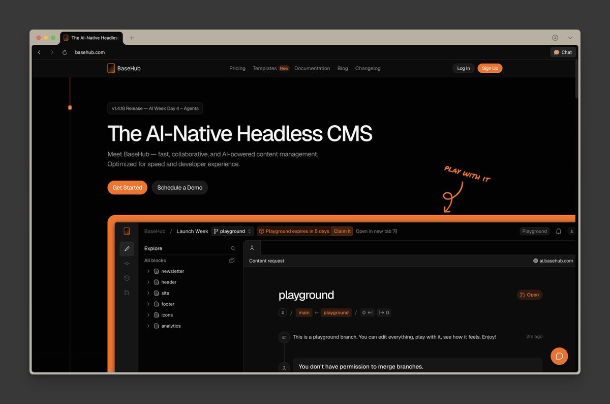 As we wrap up our first AI Week, we have two more announcements to make.

Firstly, our new homepage — simpler, less flashy, and with an interactive playground in the hero, so visitors can get a feel of how BaseHub works without even logging in.