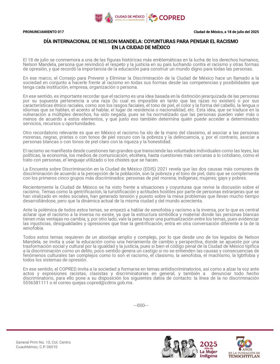 COPRED_CDMX's tweet image. #Pronunciamiento 

En el marco del &quot;Día Internacional de Nelson Mandela&quot; desde el Consejo hacemos un llamado para hacer frente al racismo en todas sus formas desde las posibilidades que tenga cada institución, empresa, organización o persona. 

➡️goo.su/Tvg7vC