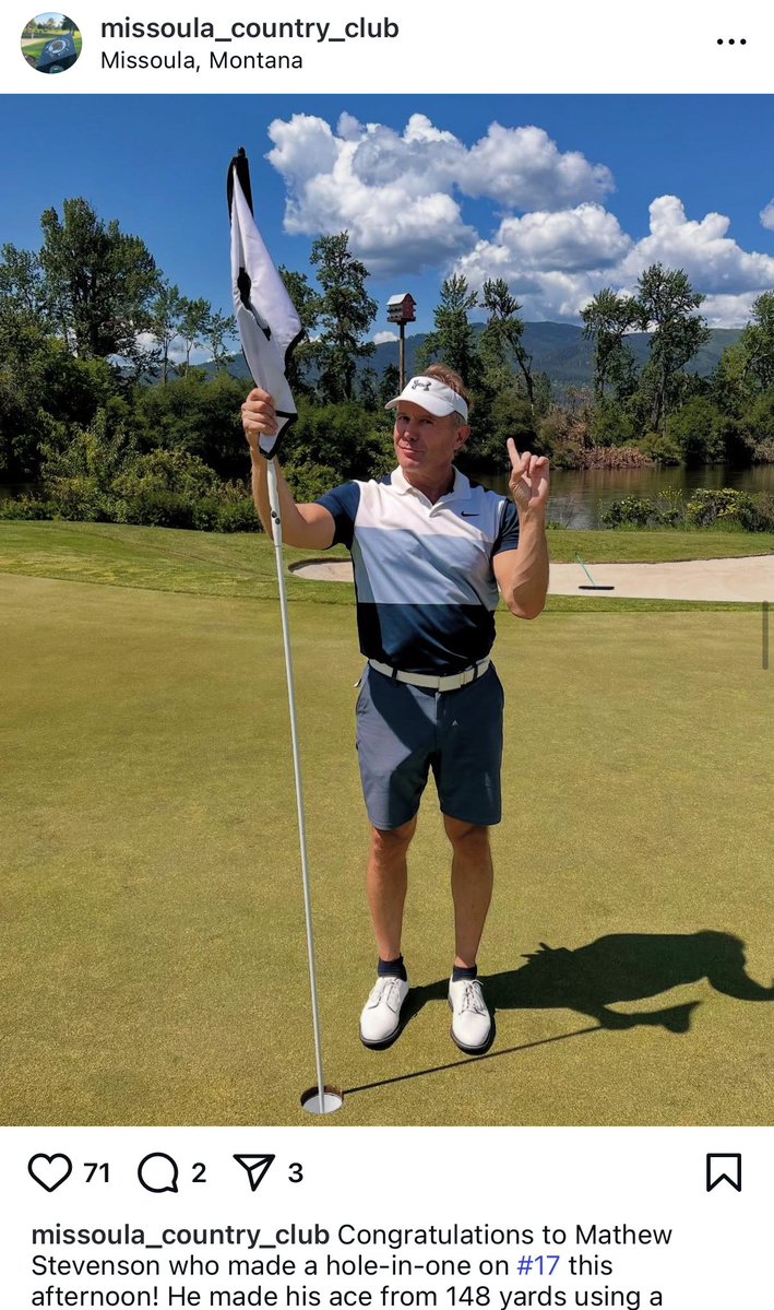 YipStrickler's tweet image. This week’s #FridayFolly goes to Mathew Stevenson for this zesty post hole-in-one pose. Congrats on the ace! 🫡 #golf #yip #journalism (Source: Missoula_country_club Instagram)