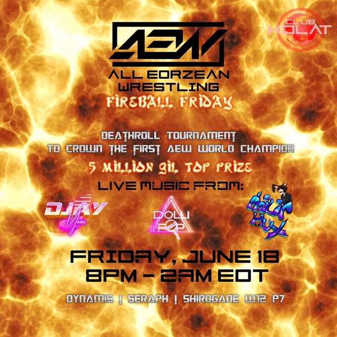 Club Kolat is hosting ALL EORZEAN WRESTLING
Deathroll tournament to crown our first WORLD CHAMPION
5 million gil prize!
Live music from <a href="/djayYAMS/">djayYAMS</a> <a href="/_Dollipop/">Dollipop</a> &amp; Philip Huxtabunn
8pm - 2am EDT
Dynamis | Seraph | Shirogane W12 P7