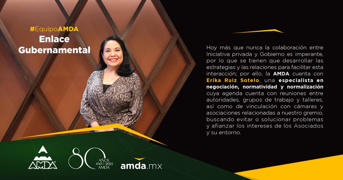 #EquipoAMDA

Erika Ruiz Sotelo encabeza la labor de vinculación institucional de la AMDA, construyendo puentes entre la AMDA y las autoridades, cámaras y asociaciones clave para el sector.