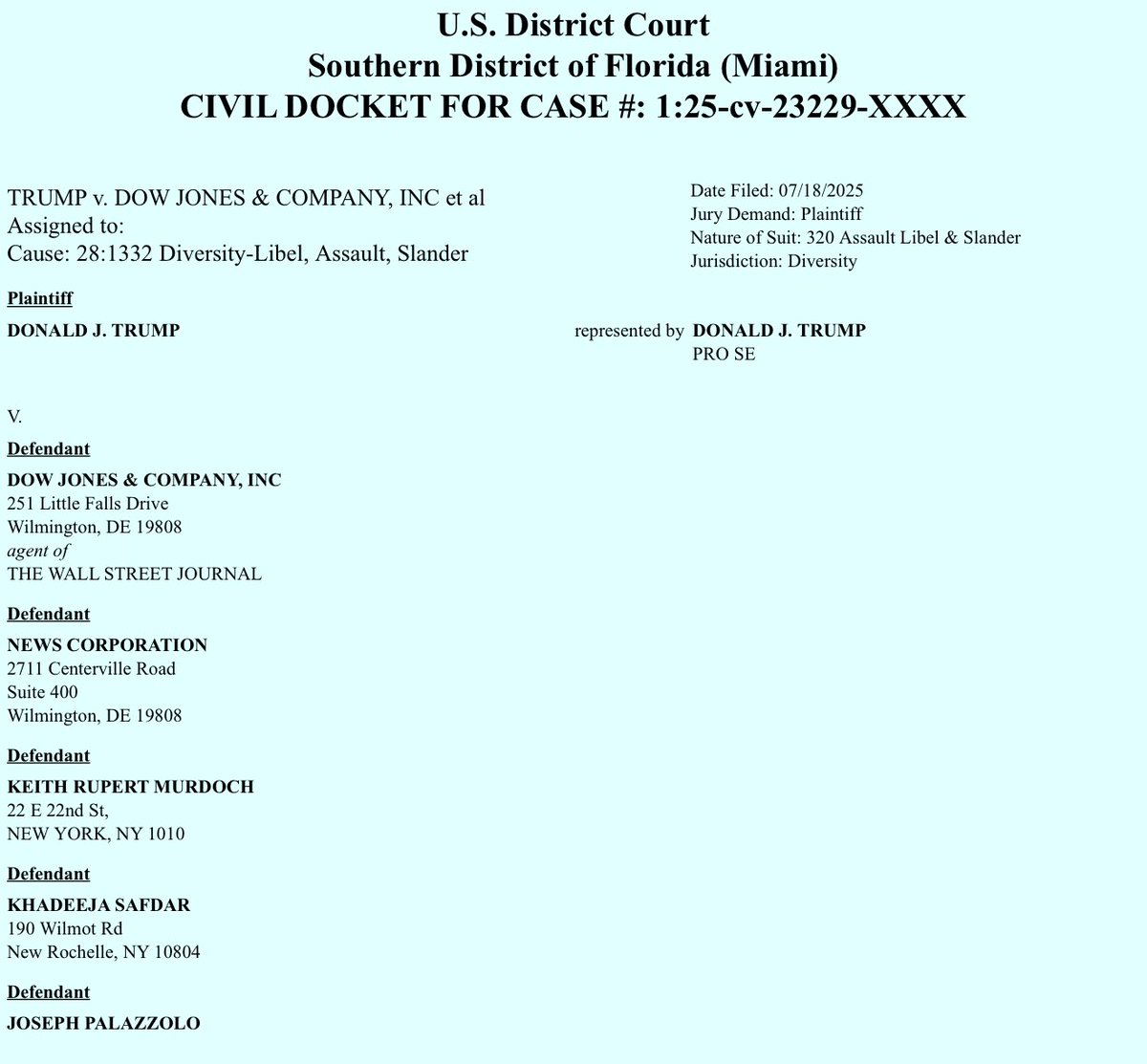 LibbeyDean_'s tweet image. 🚨NEW: Trump has filed a defamation lawsuit in the Southern District of Florida against the Wall Street Journal, News Corp, Rupert Murdoch and the two journalists who reported Trump gave Jeffrey Epstein a birthday letter.