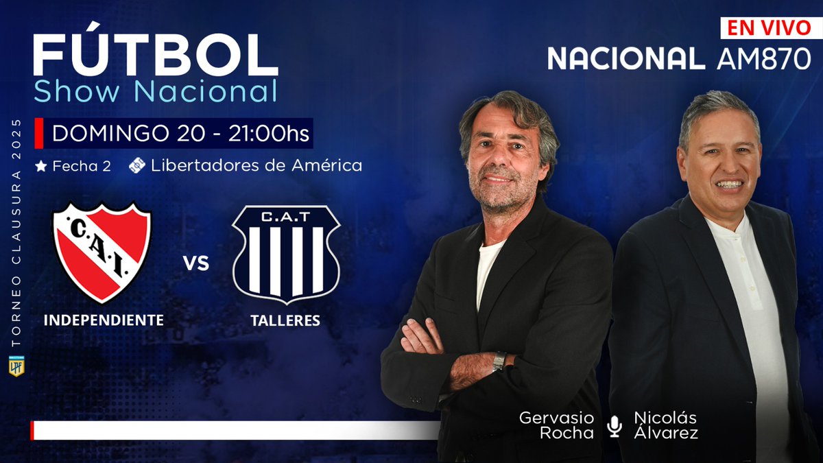 Domingo de fútbol en <a href="/NacionalAM870/">Radio Nacional AM 870</a>
 
🗓Domingo 20
• 21.00 ⚽️ <a href="/Independiente/">C. A. Independiente</a> – <a href="/CATalleresdecba/">Club Atlético Talleres</a> 
🎙️<a href="/gervasiorocha64/">Gervasio Rocha</a> y <a href="/Alvarez73Nico/">NICOLÁS</a> 

📻AM870
💻📱radionacional.com.ar