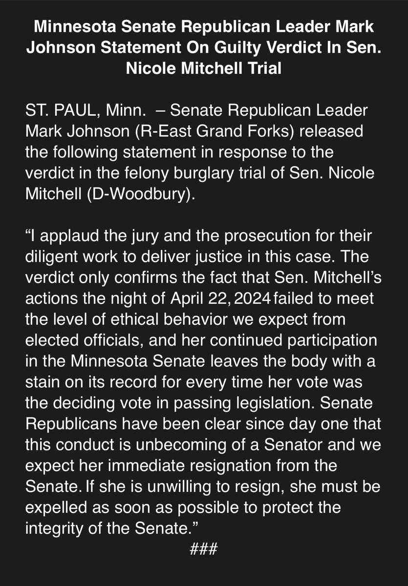 mnsrc's tweet image. Statement from Senate Republican Leader Mark Johnson on the Guilty Verdict in Sen. Nicole Mitchell Trial