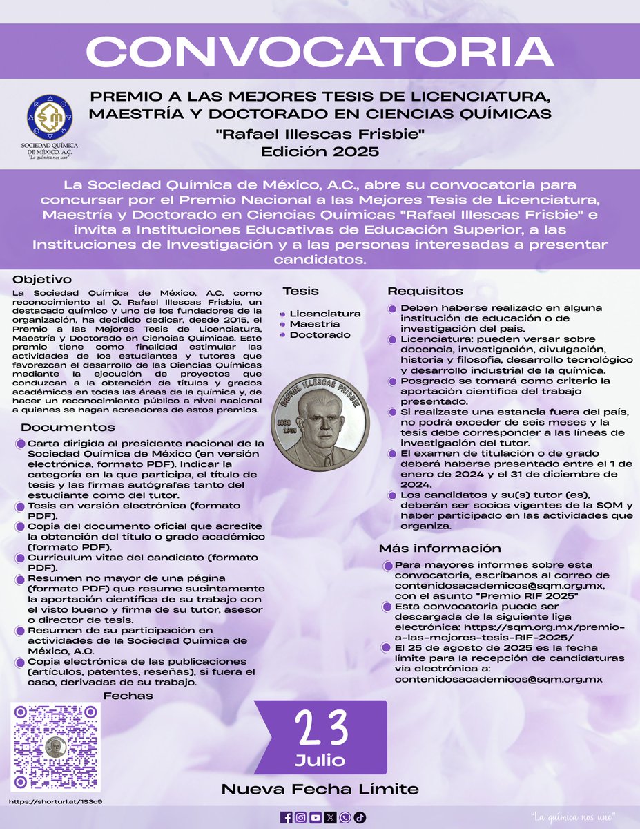 SQM_MX's tweet image. Premio Nacional de Química &quot;Andrés Manuel del Río&quot;, Edición 2025 en su 60 Aniversario
Fecha límite para la recepción de candidaturas vía electrónica: 31 de julio de 2025

Visita:
sqm.org.mx/premios-convoc…

#SQM #PremioAMR2025 #LaQuímicaNosUne #QUÍMICA