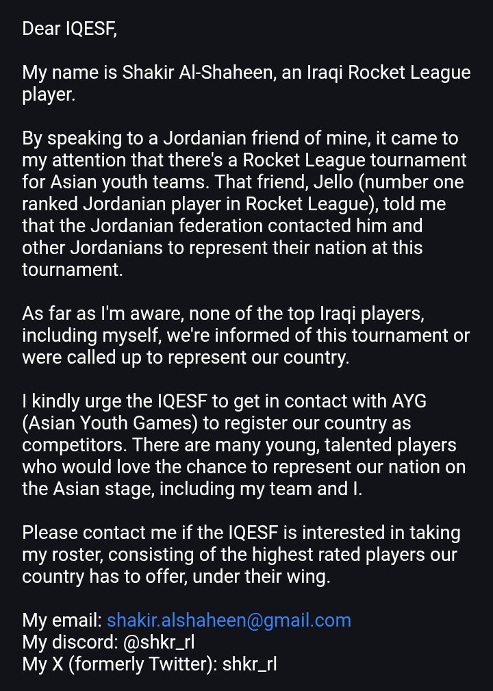 SHAKIR 🇮🇶🇨🇦 (@shkr_rl) on Twitter photo Please retweet this and comment tagging <a href="/Iraqiesports/">Iraqi eSports Federation</a>. We have many young players, including myself, who would love the opportunity to represent our country among the rest of Asia! 🇮🇶
The IQESF was made to help Iraqi players compete internationaly, so where are you guys? Please retweet this and comment tagging <a href="/Iraqiesports/">Iraqi eSports Federation</a>. We have many young players, including myself, who would love the opportunity to represent our country among the rest of Asia! 🇮🇶
The IQESF was made to help Iraqi players compete internationaly, so where are you guys?