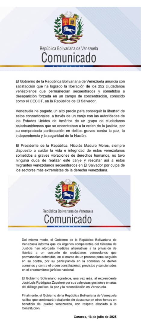 mateamargouy's tweet image. El Gobierno de Venezuela anuncia con satisfacción que ha logrado la liberación de los 252 ciudadanos venezolanos que permanecían secuestrados en un campo de concentración en El Salvador. ¡Feliz reencuentro al pueblo y las familias venezolanas afectadas!