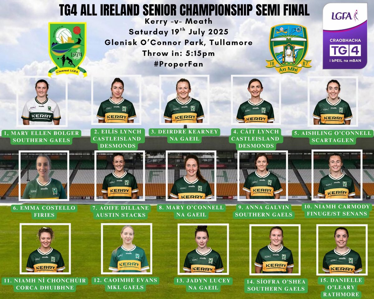 An All Ireland semi-final is ahead of the Kerry Ladies tomorrow as they face Meath at 5:15pm in Glenisk O Connor Park Tullamore. 

Best of luck to Caoimhe, the team and management 🟩🟨 

Safe travels to everyone making the journey 🤞🏻